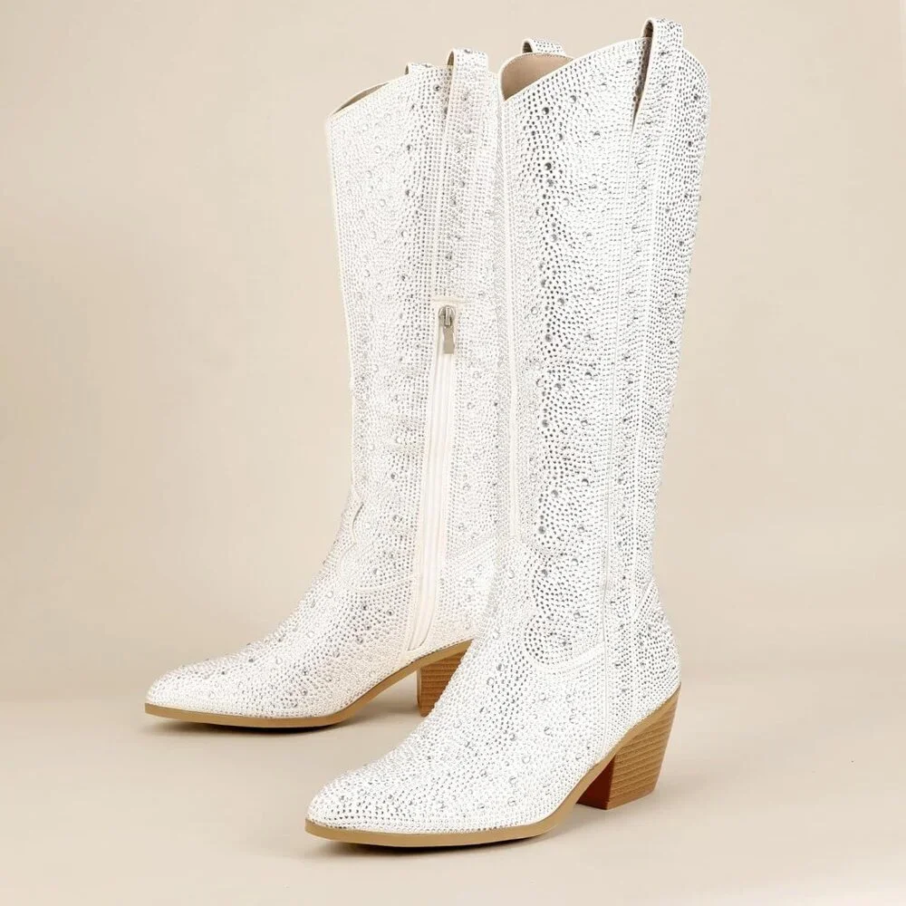 Women's White Rhinestone Cowboy Boot Knee High Western Cowgirl Boots Pointed Toe